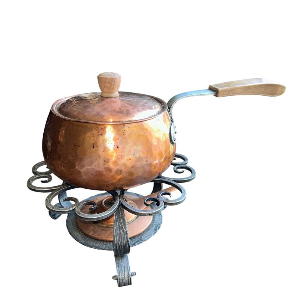 VTG Stockli Netstal Swiss Hammered Copper Fondue Pot Chafing Dish Stand Burner